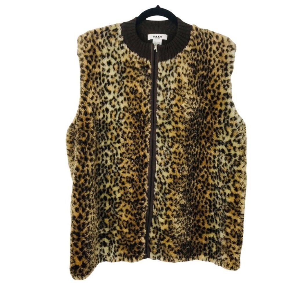 Alia Cheetah Animal Print  Fur Rib Knit Vest Jacket Zip up Cardigan Women Size L